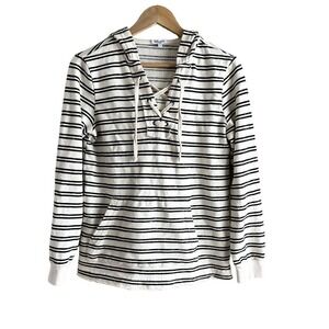 Splendid French Terry Hoodie Sweatshirt‎ Lace-Up Front Cream & Black Stripes, S